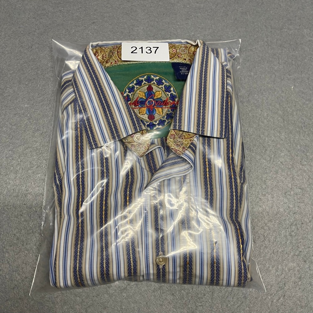 Robert Graham Shirt Mens Large Gray Striped Metallic Gold Embroidery Button Down - Picture 11 of 11